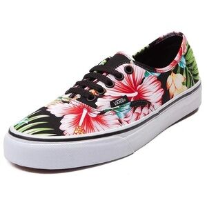Vans Authentic Classic Hawaiian Floral Hibiscus Black Skateboarding Shoes Cute